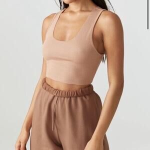 Joah Brown Raw Edge Crop Tank Clay Rib Muted Pink Nude Beige Size S/M